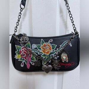 NWT Ed Hardy Black Shoulder Bag with Floral Embellishments/Gothic Charms